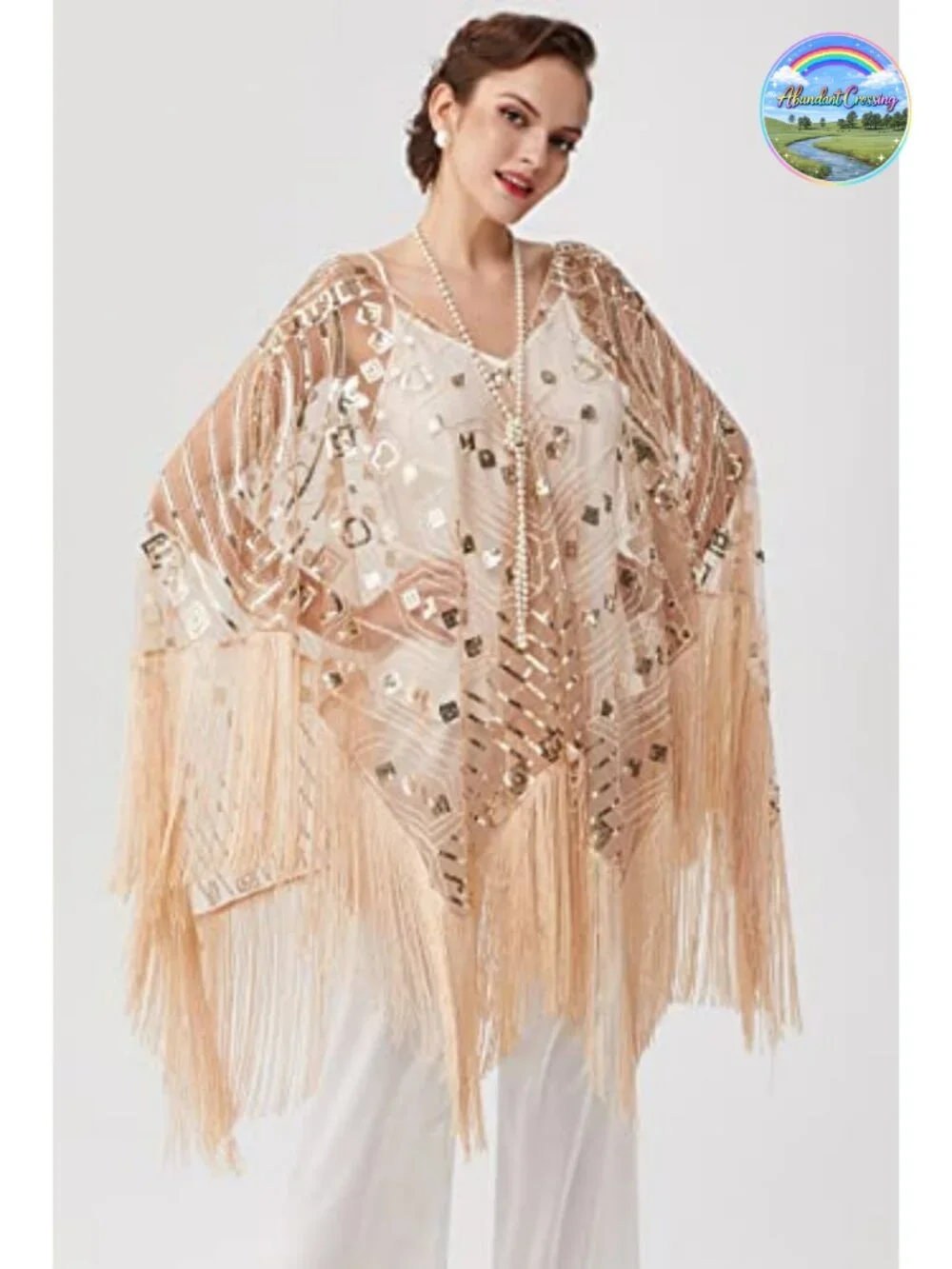 Sequin Beaded Fringed Evening Cape Shawl Wrap for Wedding
